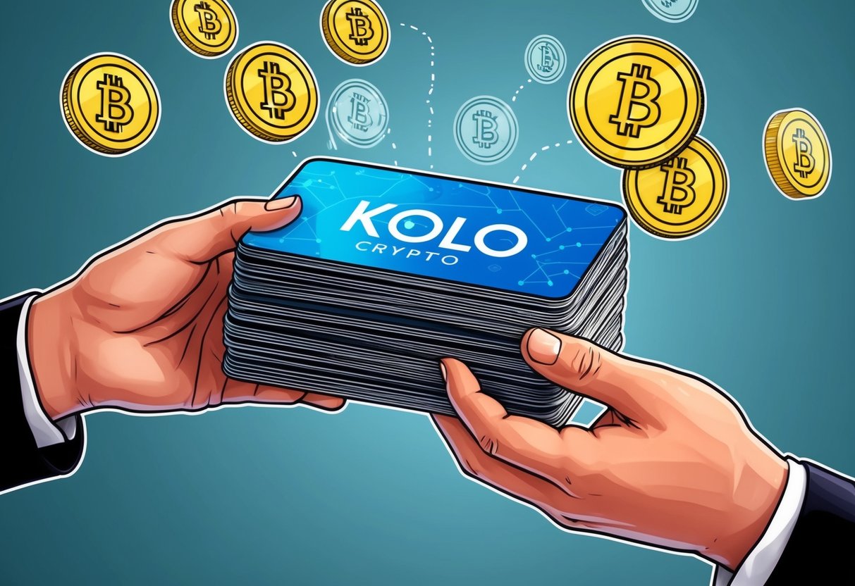 A stack of KOLO Crypto Cards being distributed with token details floating in the background