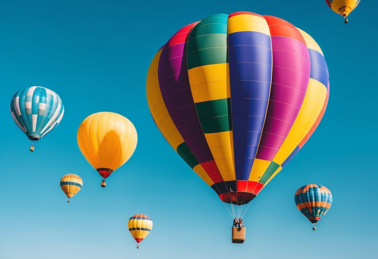A colorful hot air balloon floating in a clear blue sky, surrounded by other balloons