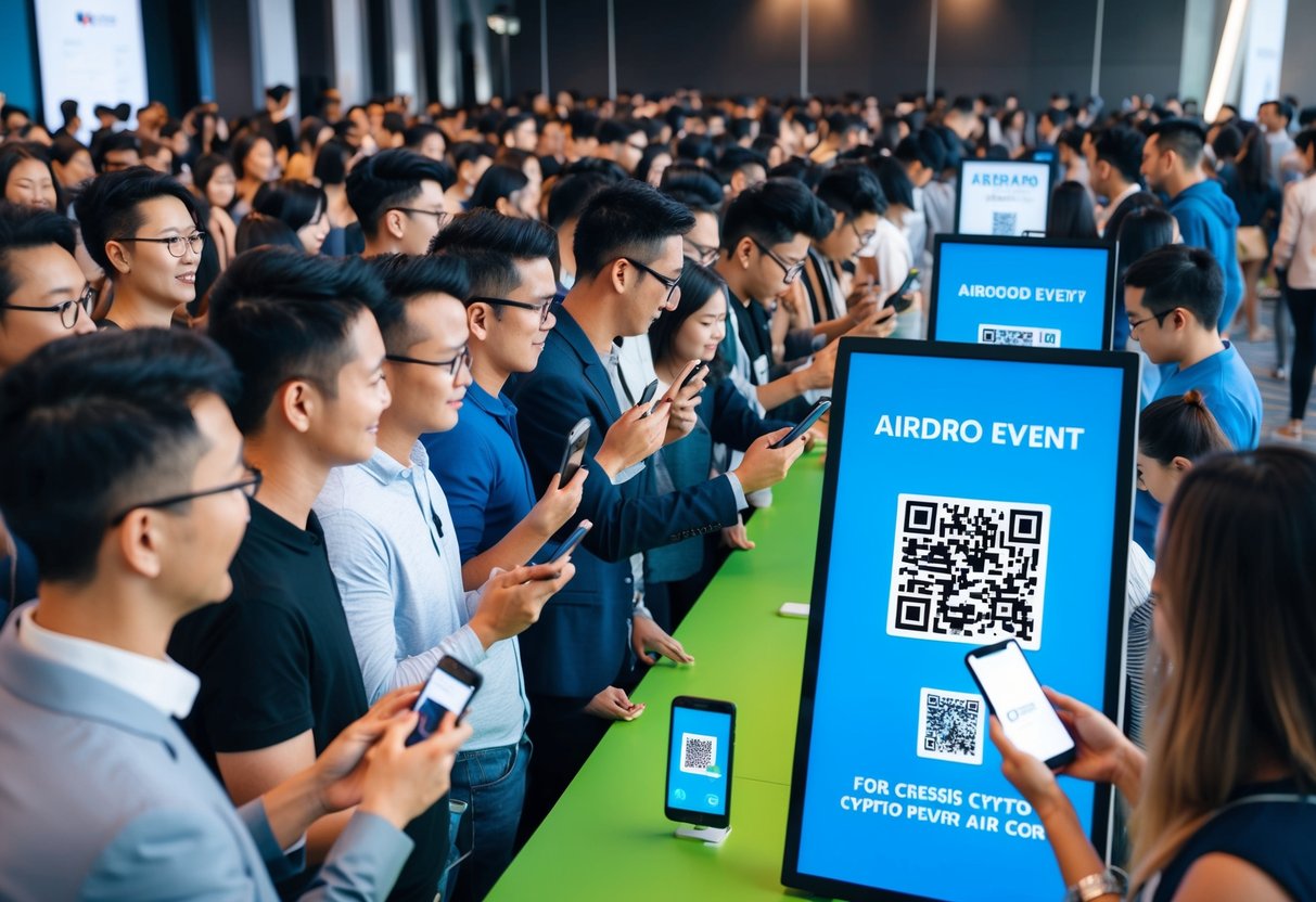 A crowd of people eagerly lining up, holding their phones and scanning QR codes at a promotional booth for the Airdrop event