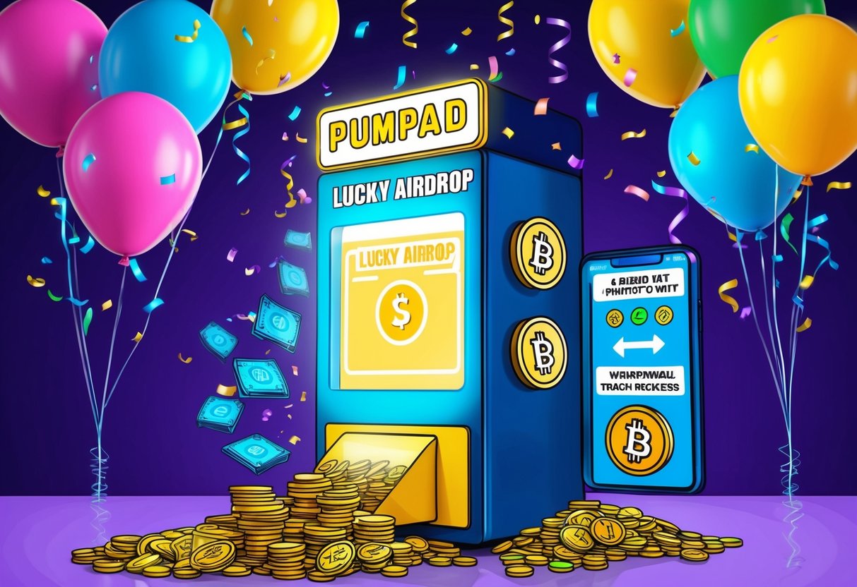 Colorful balloons and confetti surround a glowing "Pumpad Lucky Airdrop" machine. A stream of prizes and rewards flow out, with a clear withdrawal process displayed