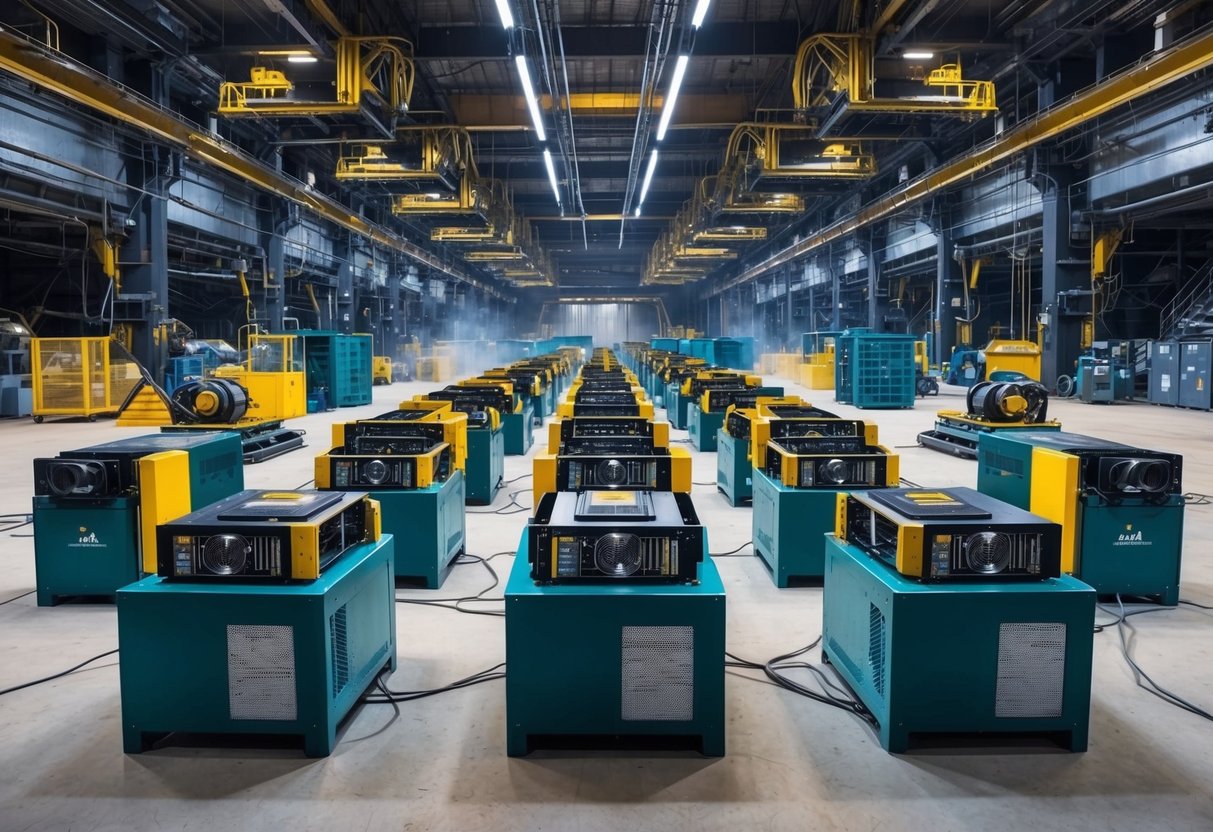 A group of heavy-duty mining equipment and machinery in operation at a vast, industrial mining site