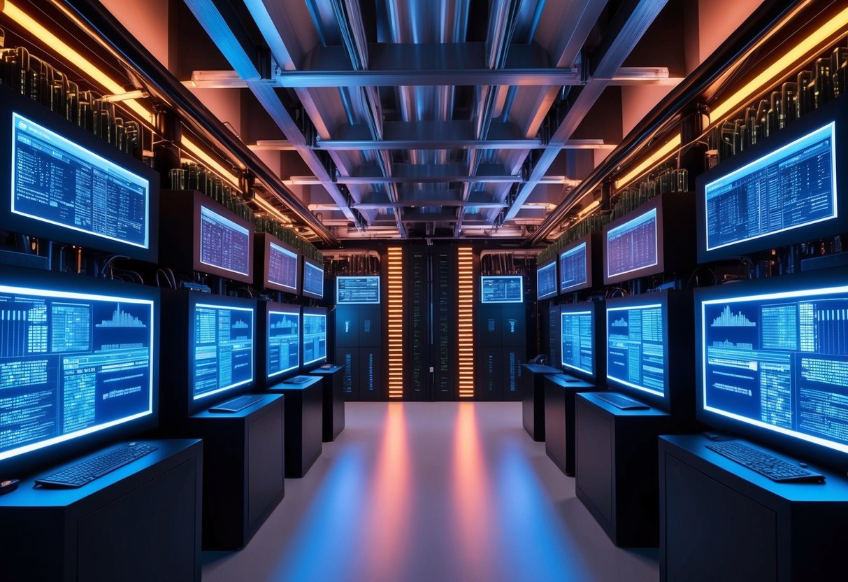 A futuristic mining facility with advanced machinery and glowing data screens