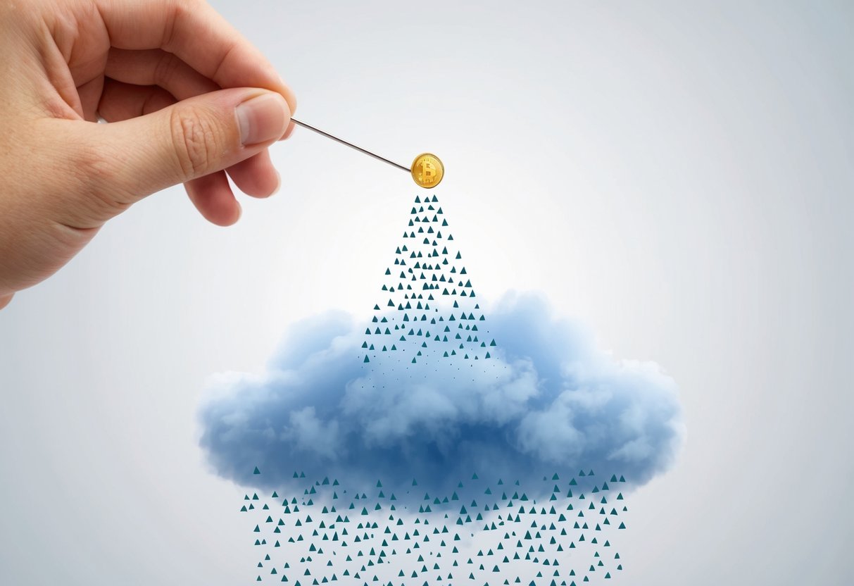 A hand holding a pin and dropping it into a cloud, with a burst of airdrops raining down