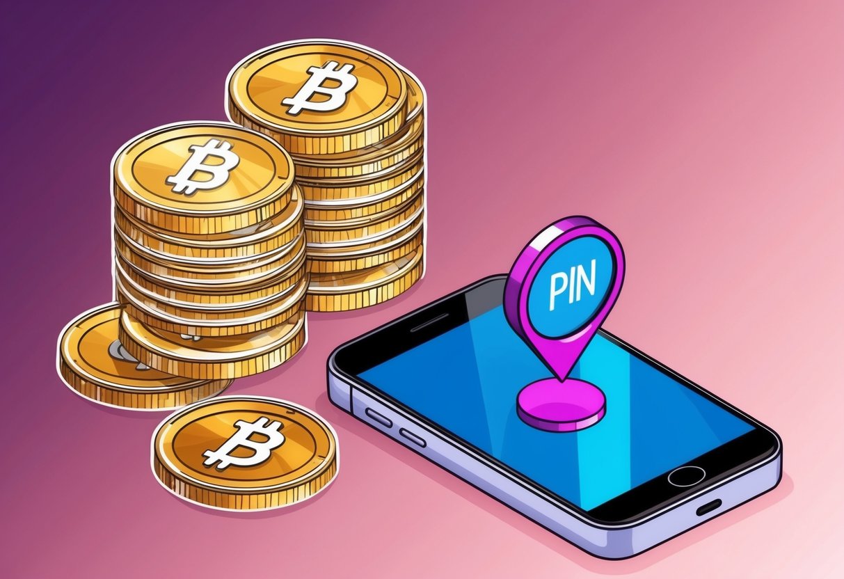 A smartphone with a pin icon and a bundle of airdrop tokens hovering above it