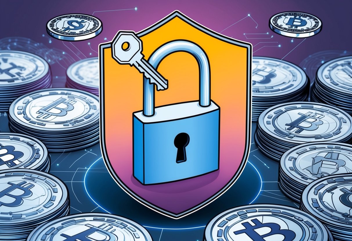 A padlock surrounded by a shield with a key hovering above, representing security and best practices for participants to earn airdrops