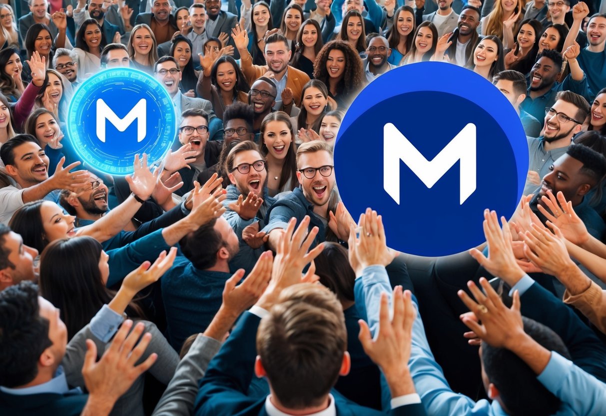 A crowd of people eagerly reaching out to receive digital tokens from a floating MetaMask logo