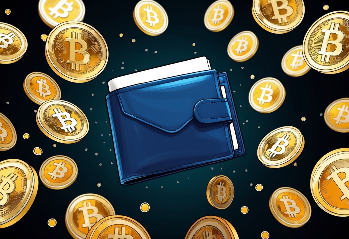 A digital wallet surrounded by floating cryptocurrency tokens