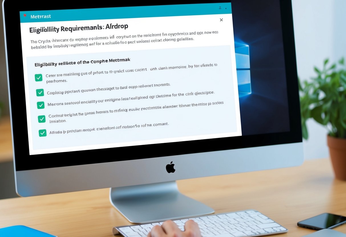A computer screen displaying the MetaMask interface with a checklist of eligibility requirements for the airdrop
