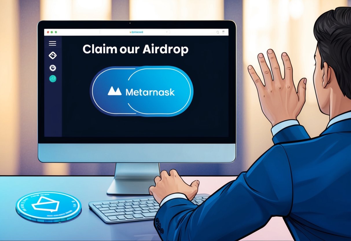 A hand reaching out to claim a virtual airdrop, with a MetaMask interface displayed on a computer screen, showing the process of managing the airdrop