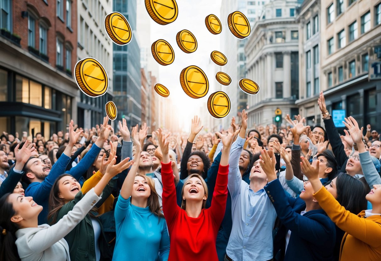 A group of people eagerly reaching out to receive tokens falling from the sky in a crowded urban setting