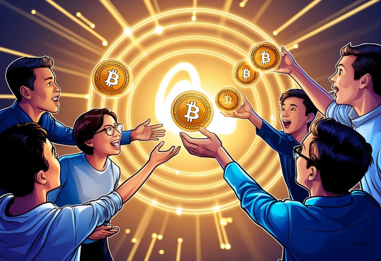A group of people eagerly reaching out to receive tokens from a glowing, futuristic airdrop platform