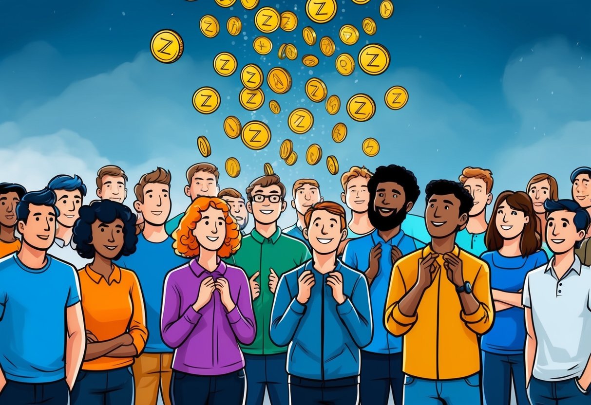 A group of diverse individuals eagerly await as tokens rain down from the sky, symbolizing the zkSync Airdrop eligibility and allocation process