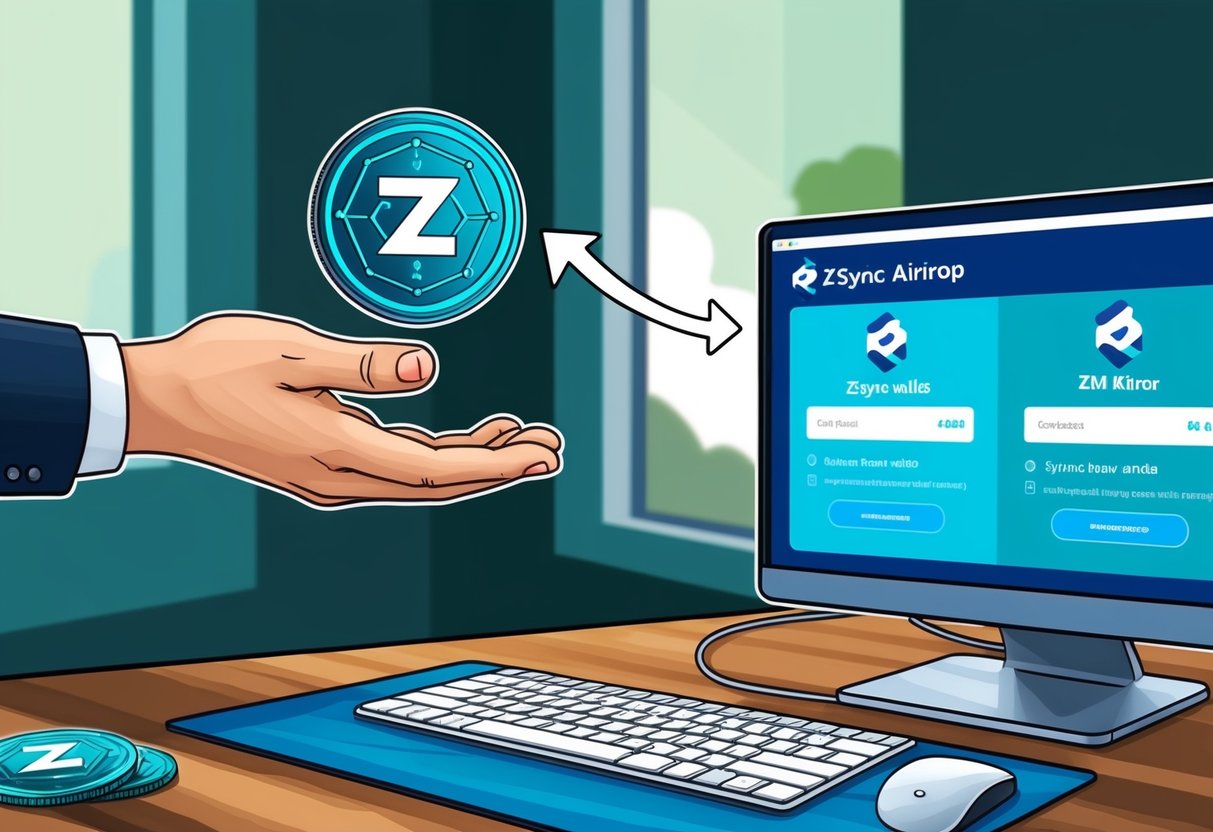 A hand reaching out to claim the zkSync airdrop with a digital wallet and a computer screen displaying the airdrop process