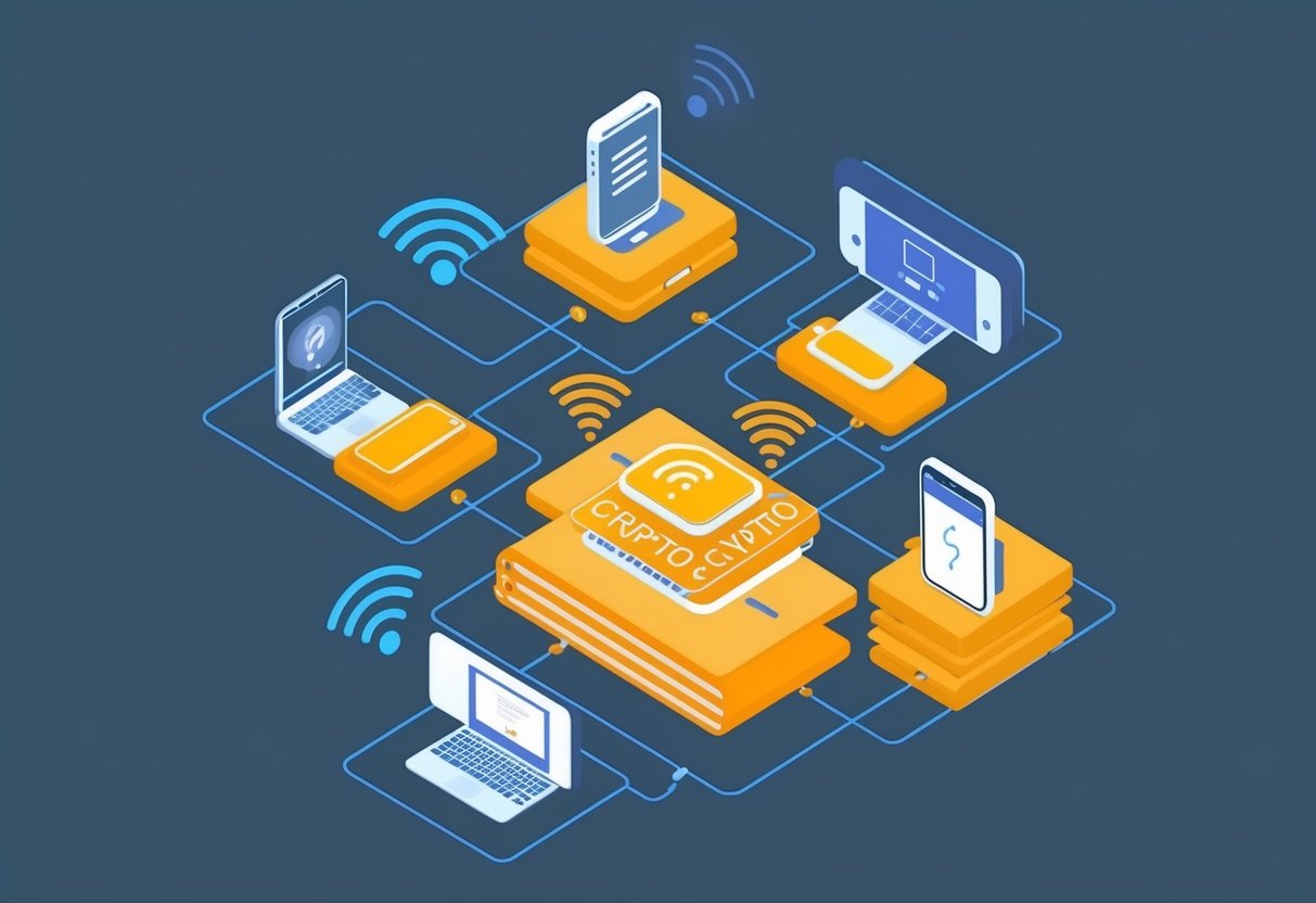 A group of electronic devices being wirelessly transferred through the air