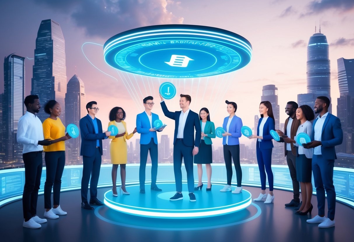 A group of diverse individuals receiving Linea Airdrop tokens from a floating digital platform in a futuristic cityscape