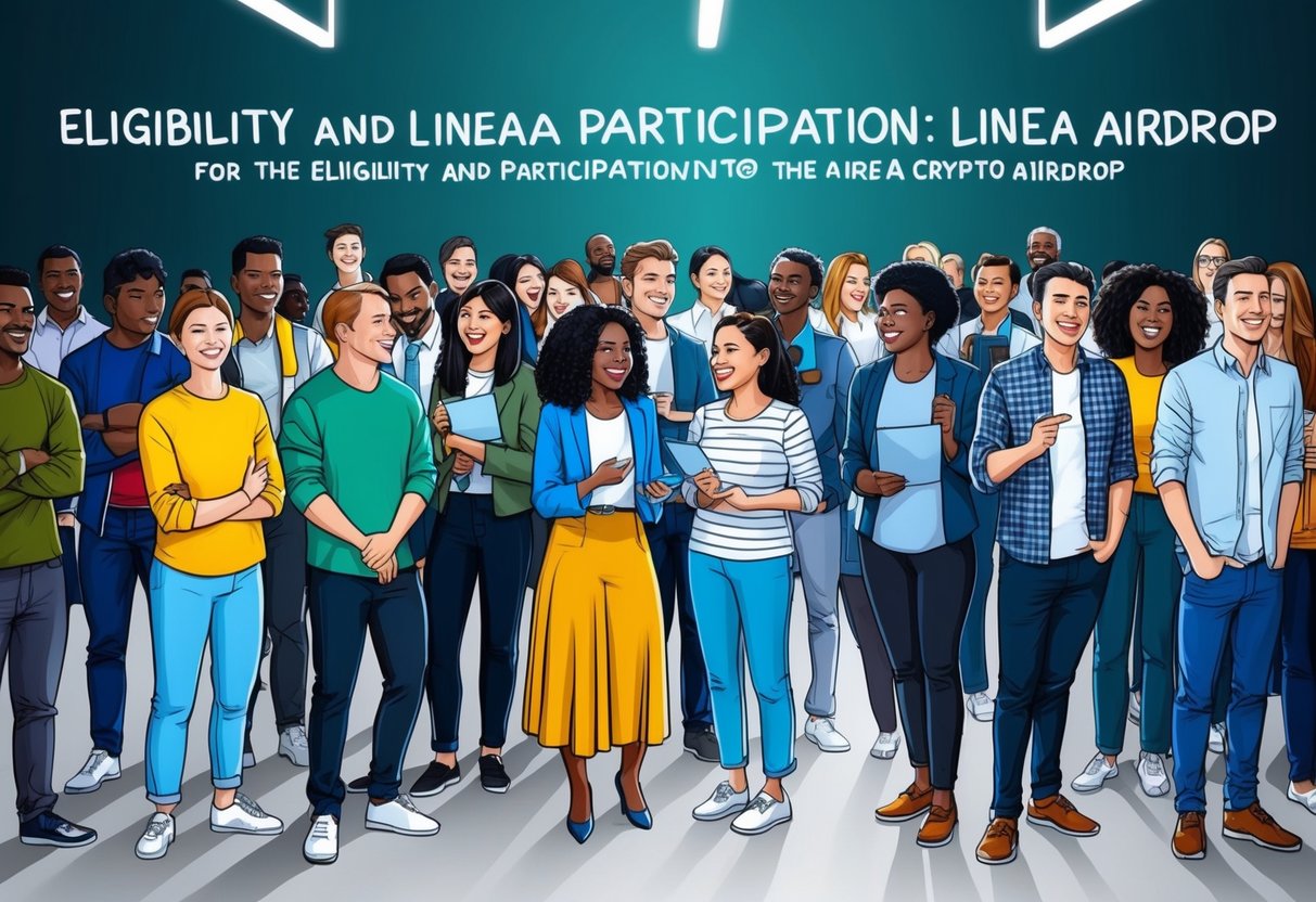 A diverse group of people eagerly waiting in line for the Eligibility and Participation Linea Airdrop, with anticipation and excitement in the air