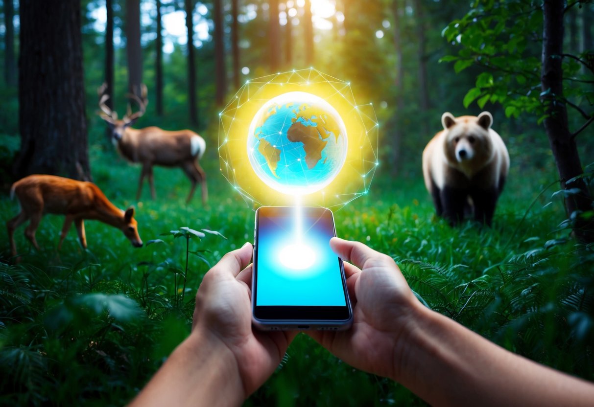 A smartphone releasing a glowing, translucent orb surrounded by nature and wildlife