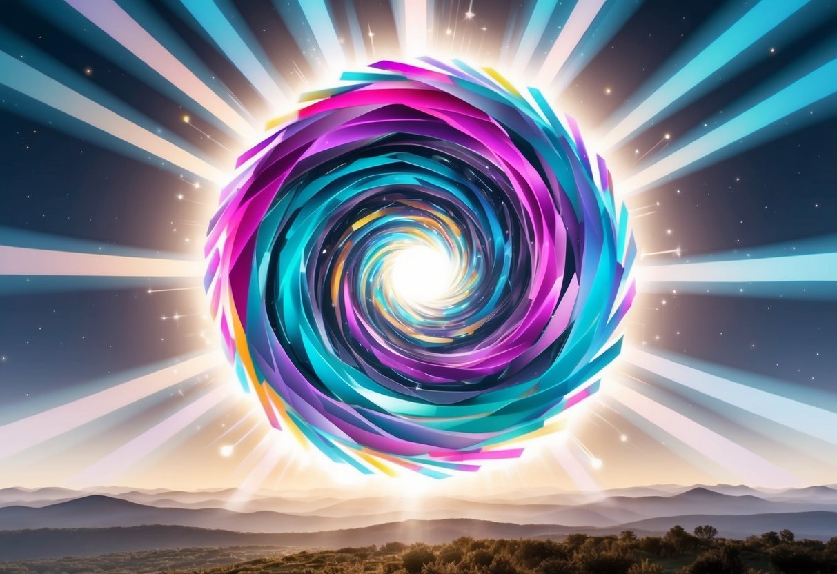 A swirling vortex of colorful geometric shapes hovers above a landscape, emitting beams of light in all directions