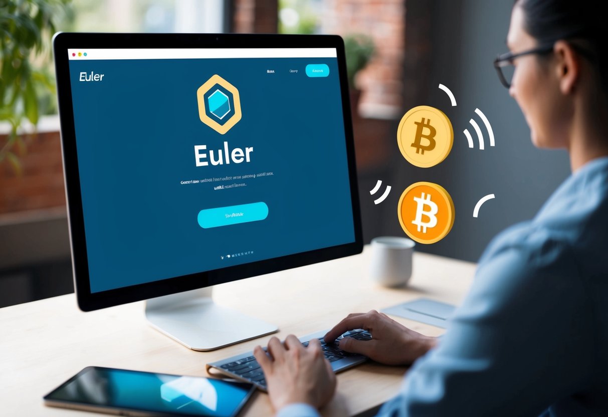 A computer screen displaying the Euler Airdrop website with a digital wallet and cryptocurrency symbols