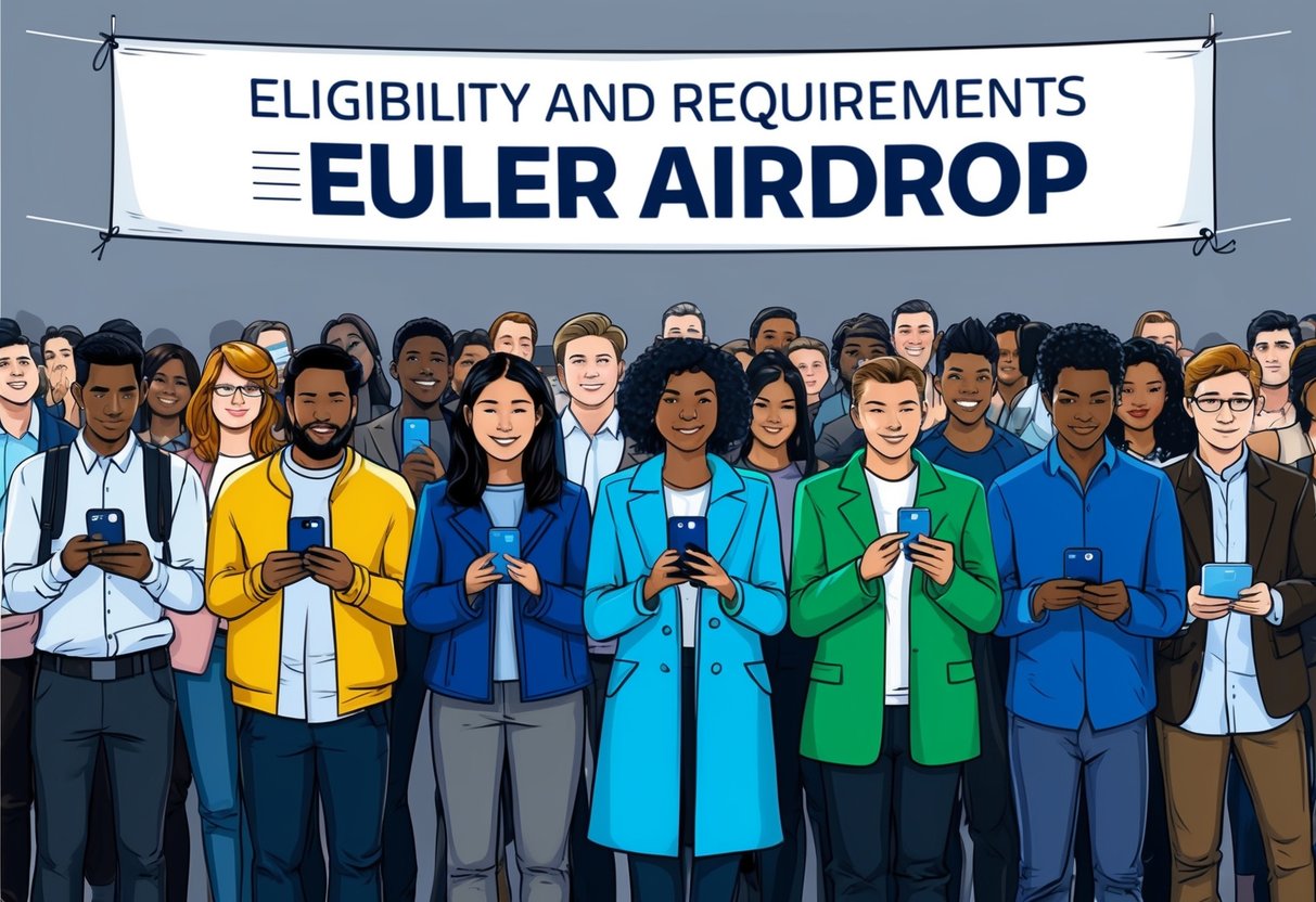 A group of diverse individuals eagerly await in line, holding their smartphones and identification documents, while a large banner with the words "Eligibility and Requirements Euler Airdrop" hangs above them