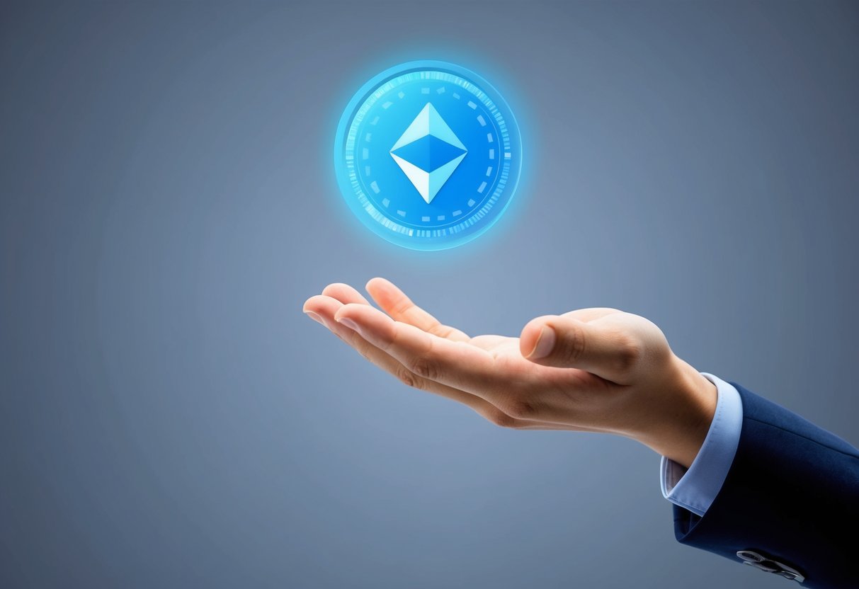 A hand reaching out to claim a virtual airdrop with a digital currency symbol floating above