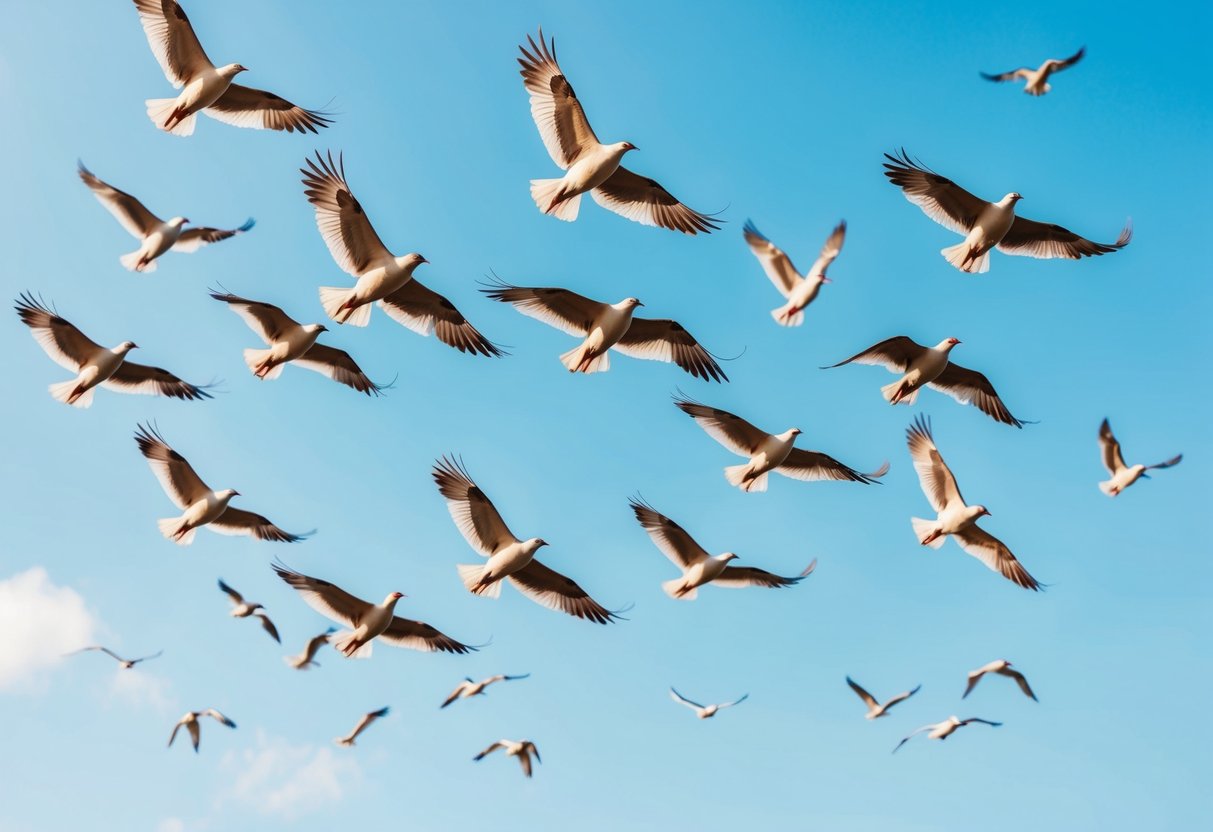 A flock of birds flying in a V formation against a bright blue sky
