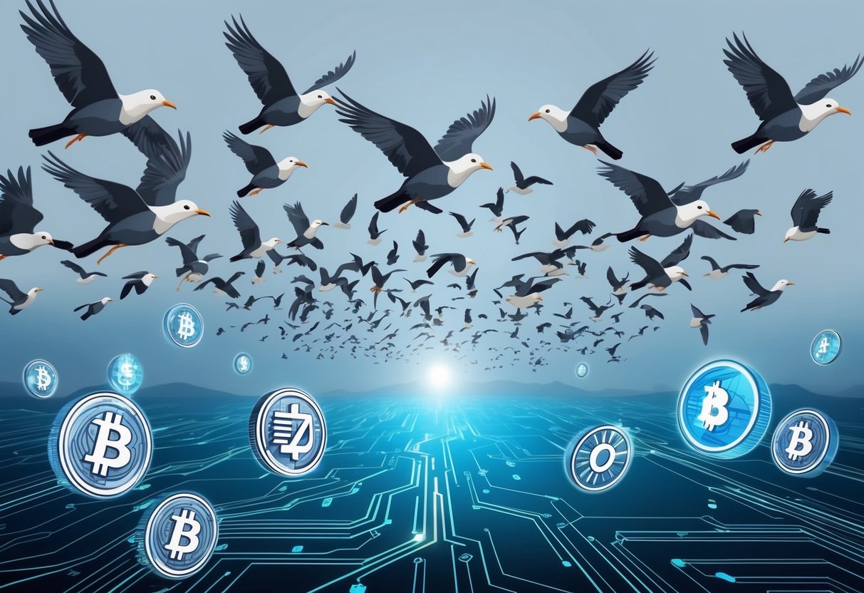 A flock of birds flying over a digital landscape with various symbols representing tokenomics and earning mechanisms