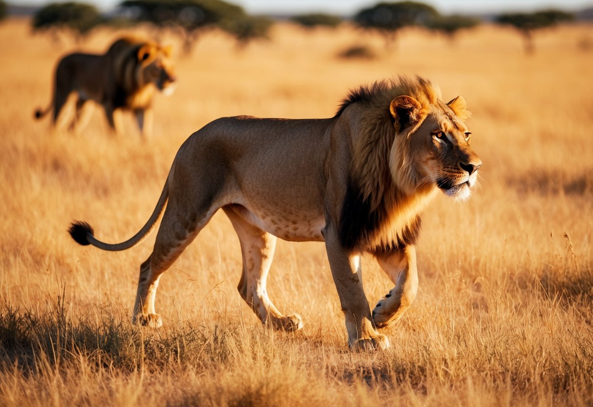 A majestic lioness prowls through a sun-drenched savannah, her golden fur glowing in the warm light as she surveys her territory