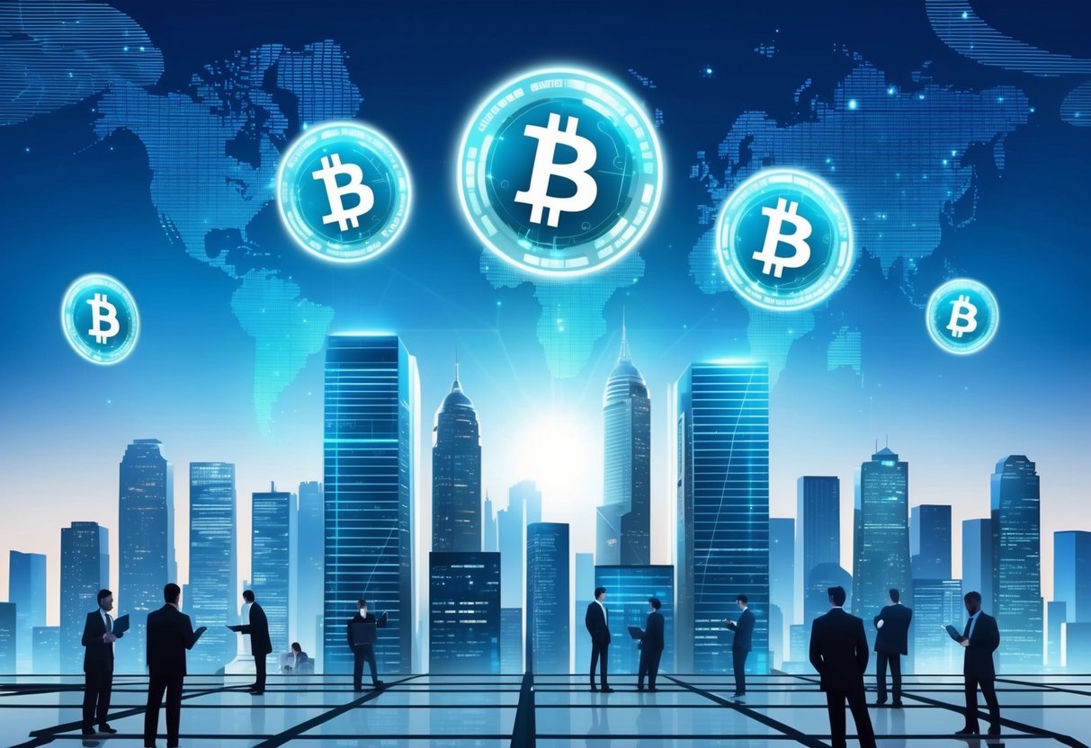 A futuristic cityscape with digital currency symbols floating above skyscrapers, while people engage in DeFi lending and borrowing transactions below