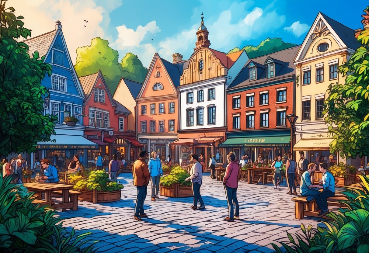 A bustling town square with diverse buildings and people interacting, surrounded by a lush and vibrant ecosystem