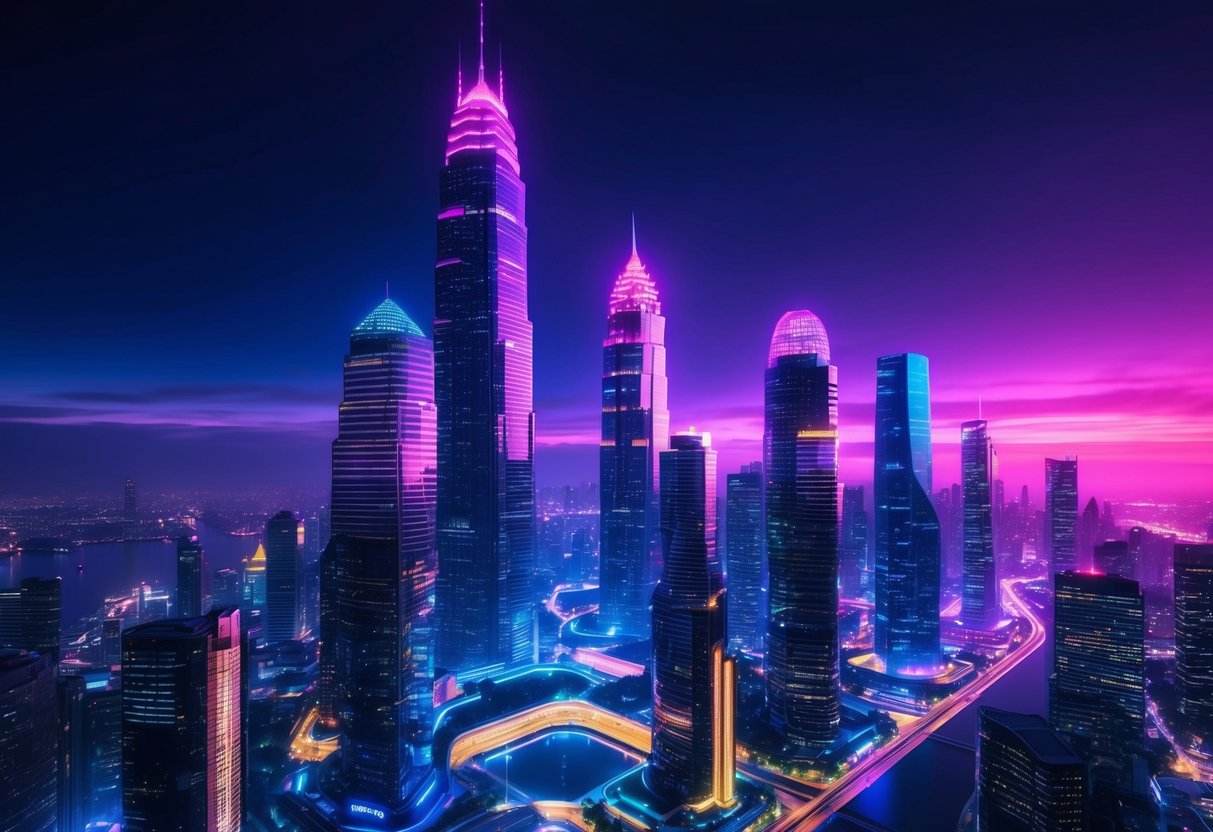 A futuristic cityscape with towering skyscrapers and vibrant neon lights illuminating the night sky