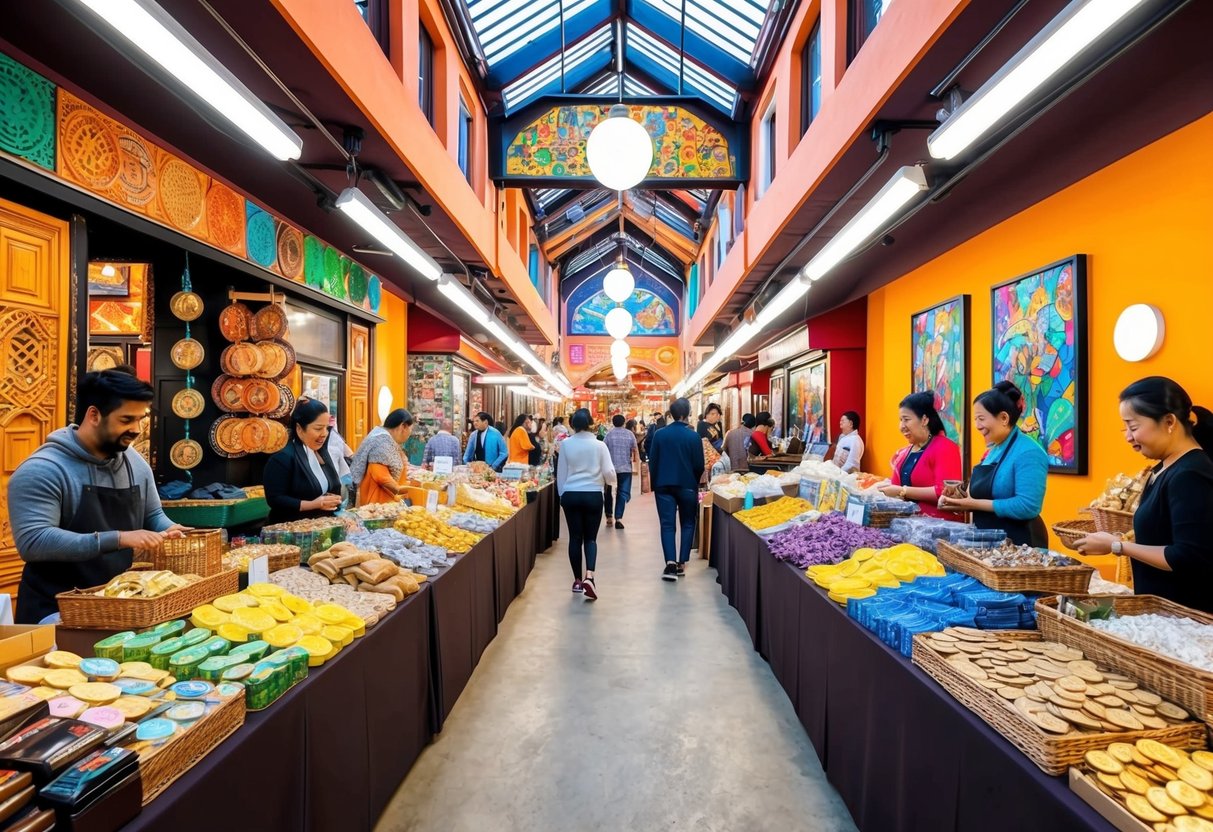 A bustling marketplace with diverse vendors selling authentic goods, surrounded by vibrant art and cultural displays, with signs of monetization evident