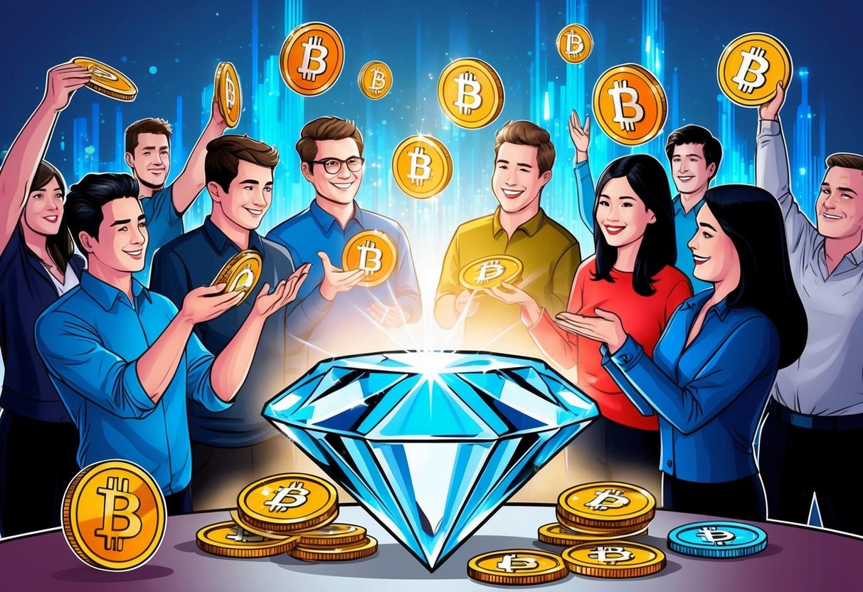 A sparkling diamond surrounded by a group of people receiving airdrops of tokens