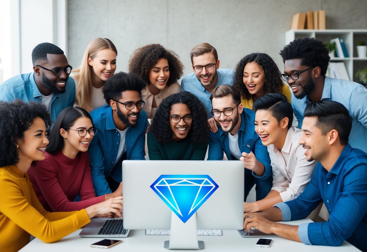 A group of diverse individuals eagerly gather around a computer screen, eagerly participating in the Diamond DAO Airdrop