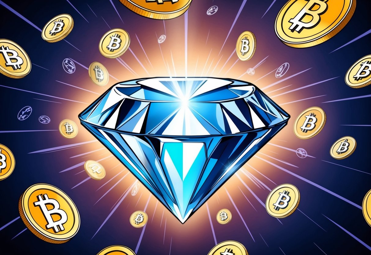 A shining diamond surrounded by floating tokens and symbols representing potential and opportunity