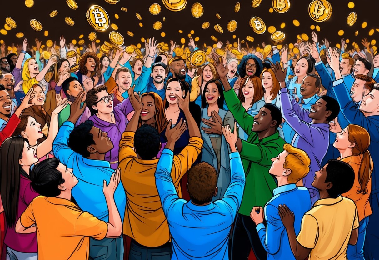 A crowd of diverse people eagerly reaching for falling tokens