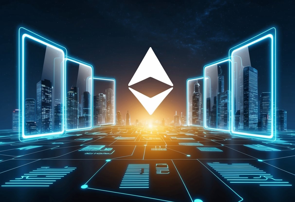 A secure, futuristic cityscape with digital locks and shields protecting a glowing Mina Protocol logo in the sky