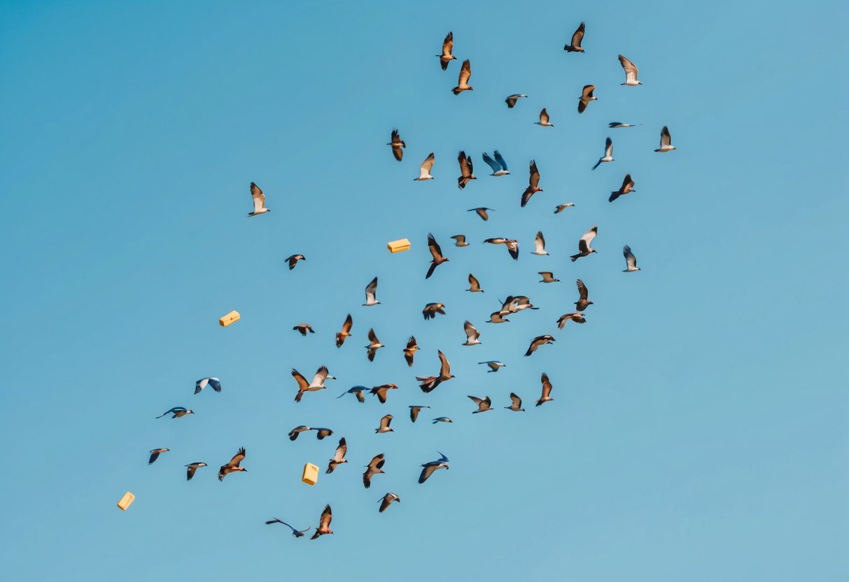 A colorful array of birds soaring through a bright blue sky, dropping small parcels from their beaks