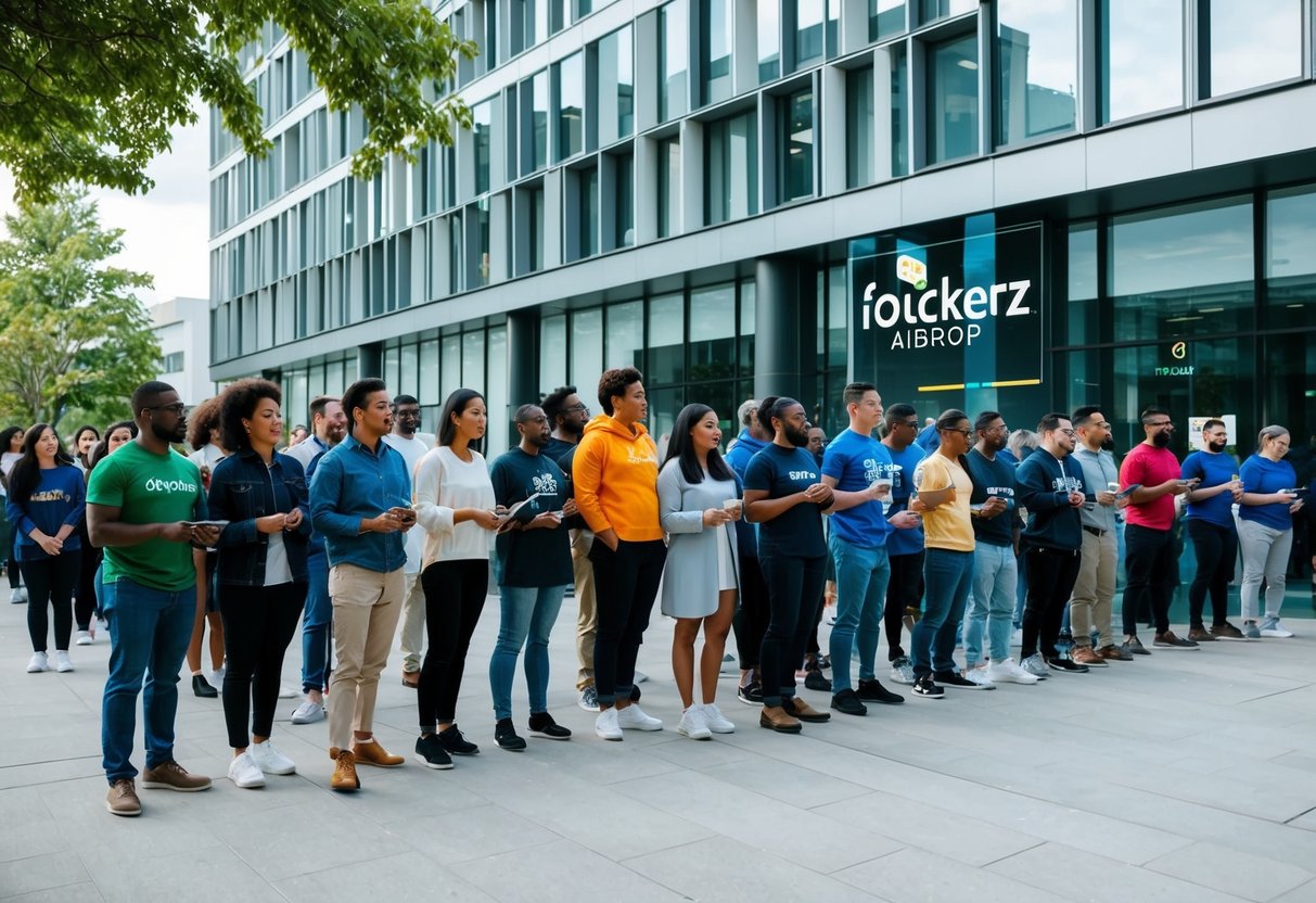 A diverse group of people lined up outside a modern office building, eagerly waiting to participate in the Flockerz Airdrop event