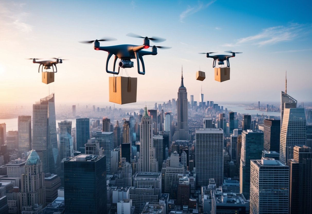 A futuristic cityscape with drones dropping packages from the sky