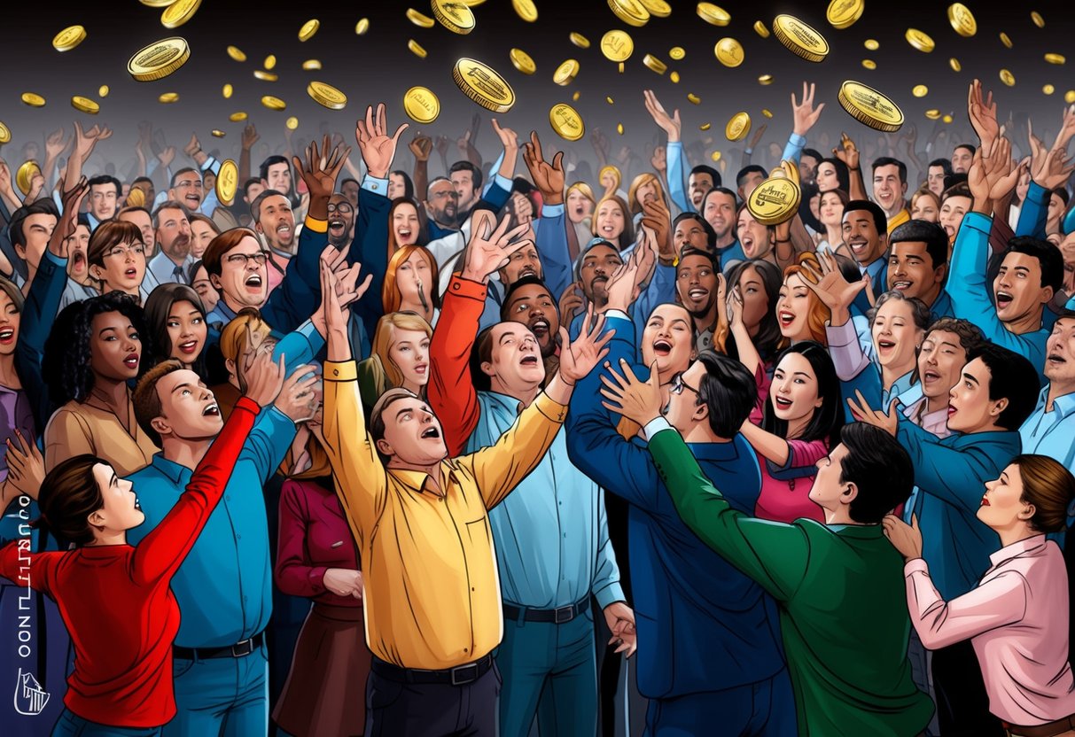 A crowd of diverse individuals eagerly reaching for falling coins