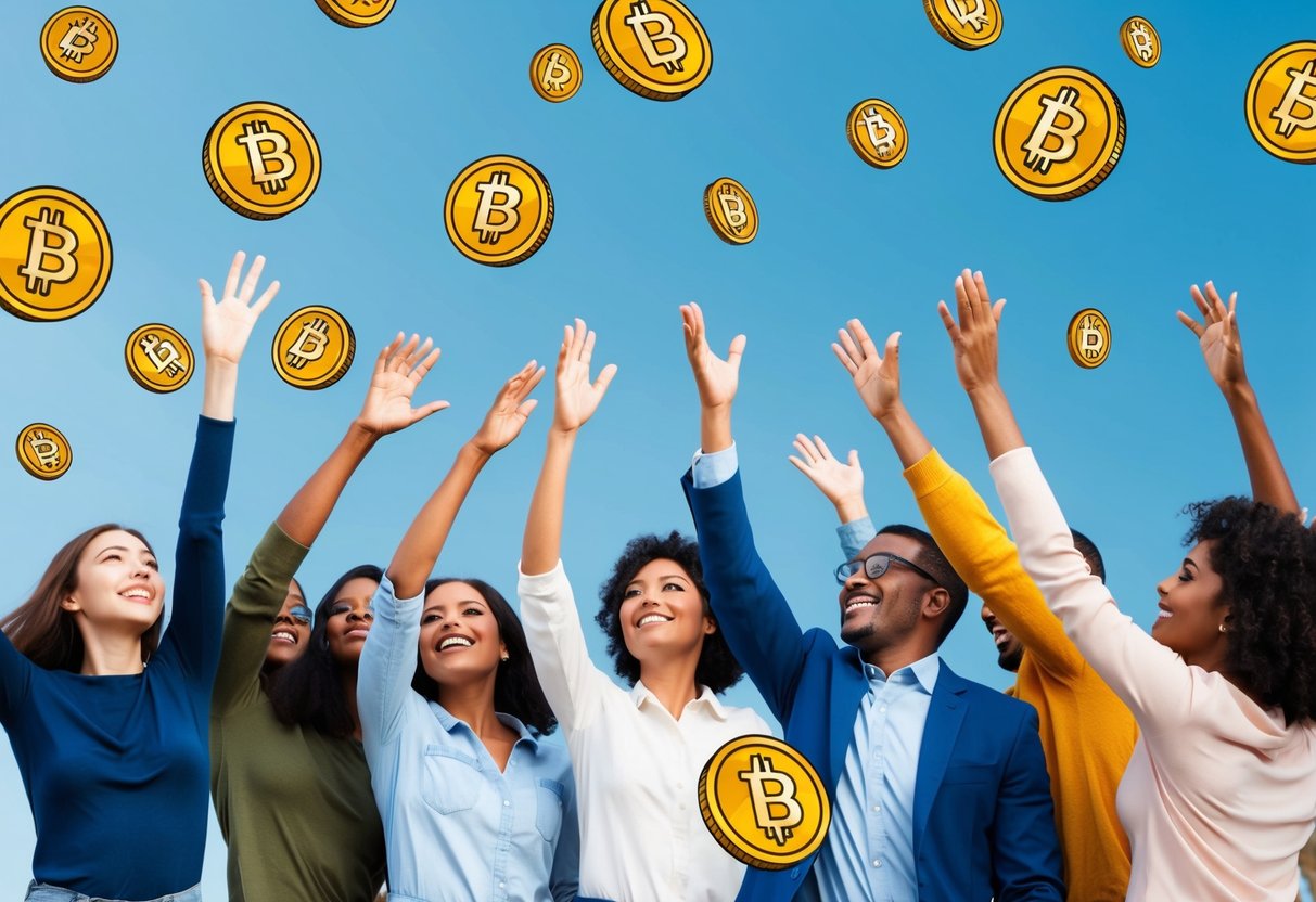 A group of diverse people eagerly reaching out to grab falling Mbpcoin tokens from the sky