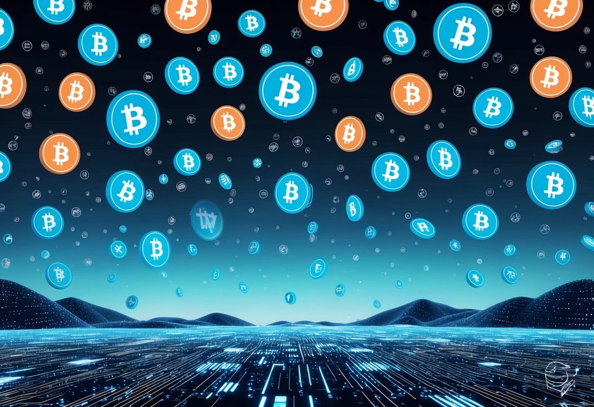 A digital landscape with multiple cryptocurrency symbols raining down from the sky