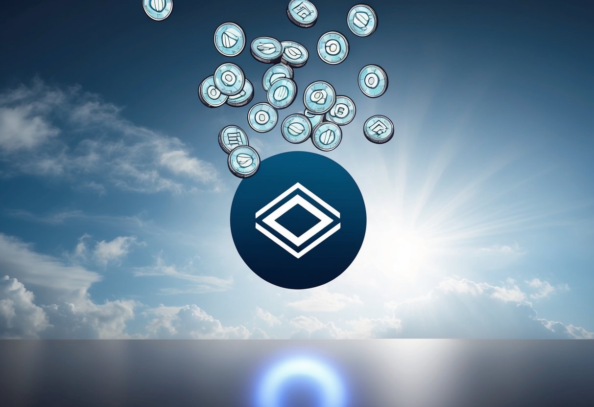 A group of digital tokens falling from the sky onto a decentralized autonomous organization (DAO) symbol