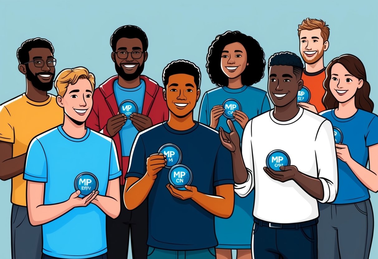 A group of diverse individuals receiving Mbpcoin tokens in a digital airdrop event