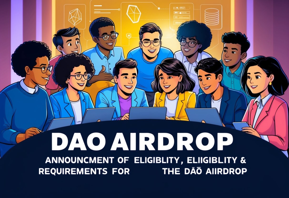 A group of diverse individuals gather around a digital interface, eagerly awaiting the announcement of eligibility and requirements for the DAO Airdrop