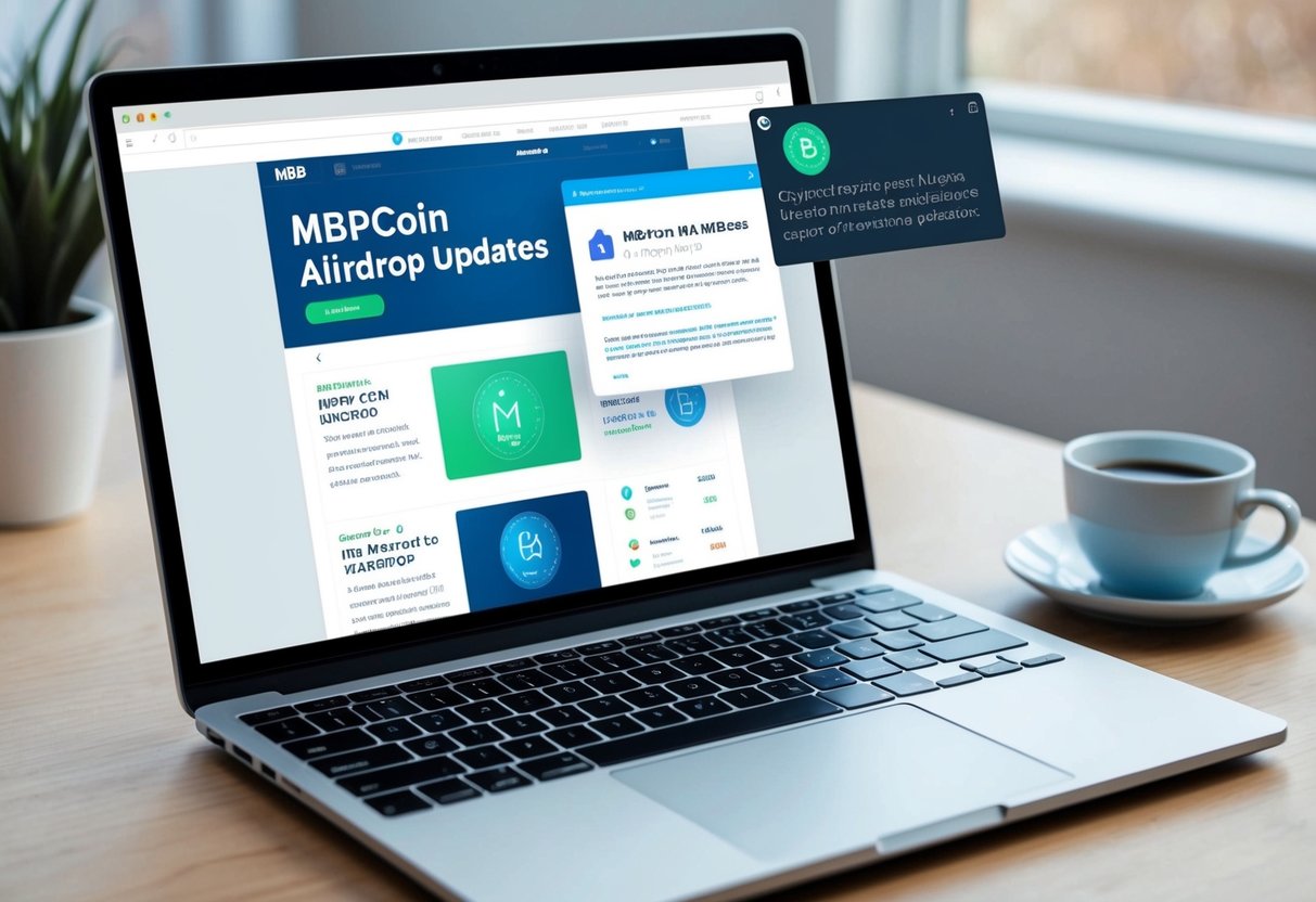 A laptop displaying Mbpcoin Airdrop updates with a news website open and a notification pop-up on the screen