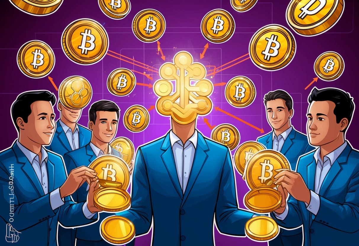 A group of tokens being distributed and organized by a DAO