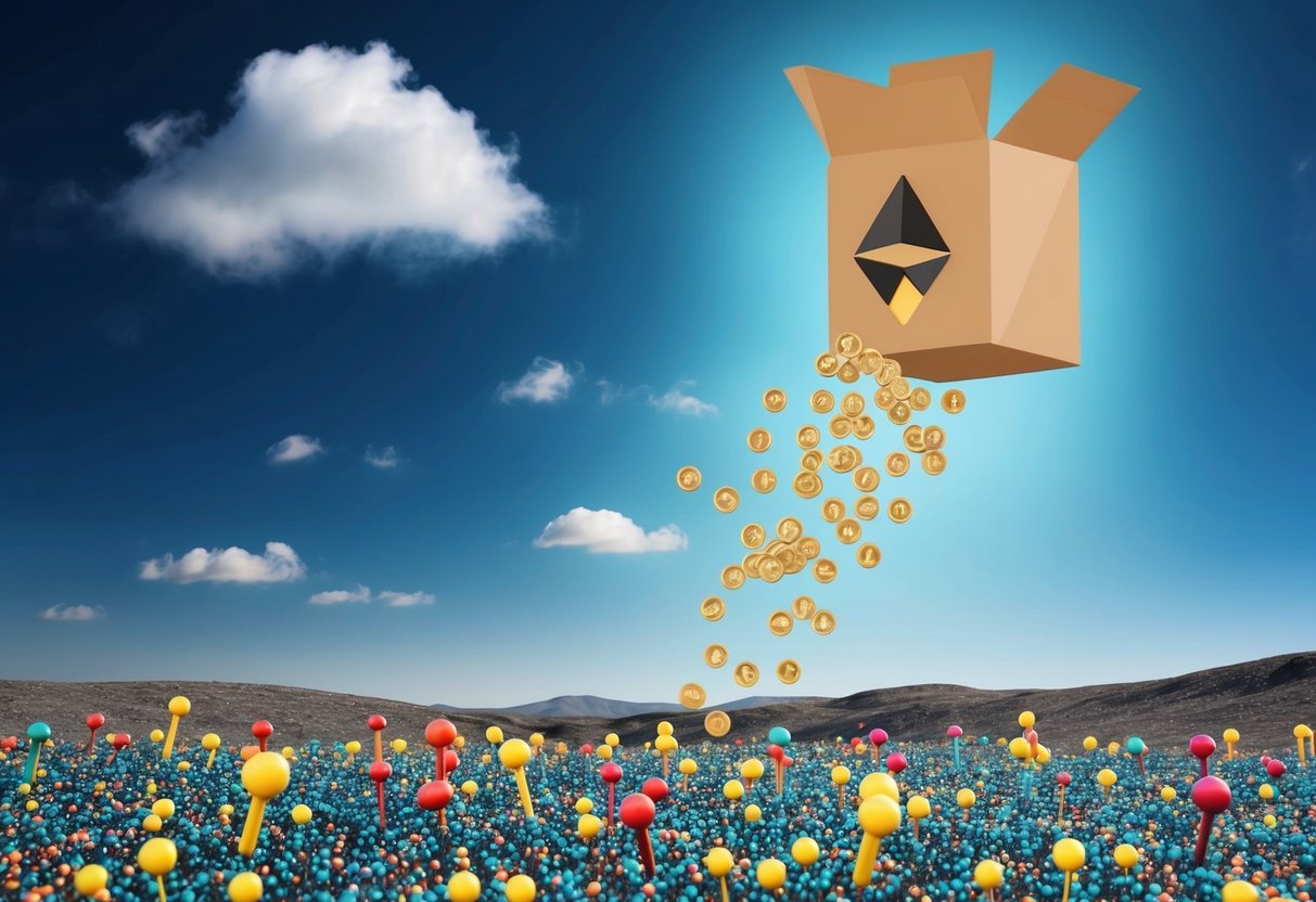 Airdrop package falling from the sky onto a pin-filled landscape