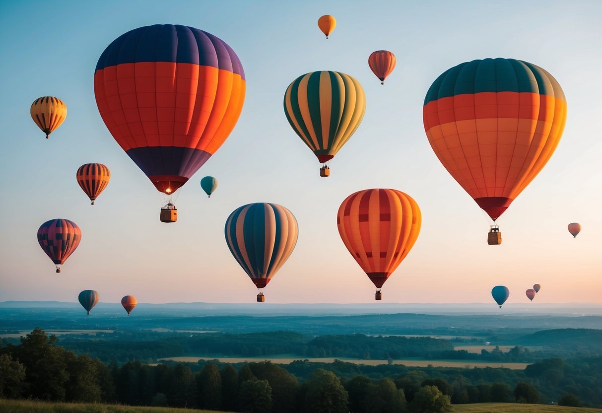 A group of colorful hot air balloons floating in the sky above a serene landscape